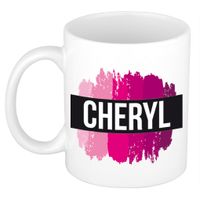 Naam cadeau mok / beker Cheryl met roze verfstrepen 300 ml - thumbnail