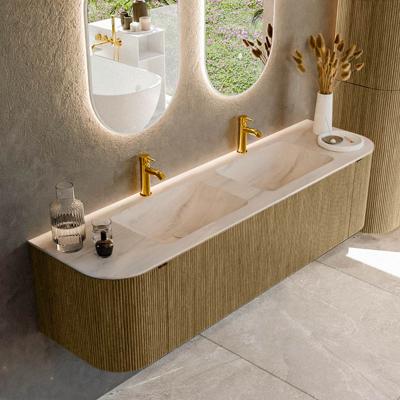 Badmeubel Mondiaz Kurve-Dlux | 170 cm | Meubelkleur Dusk | Wastafelkleur Meli | Solid surface | Wasbak beide zijden spoelbak | 2 kraangaten