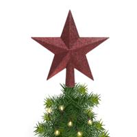 Decoris kerstboom piek - 1x - ster vorm - donkerrood - glitter - 19 cm - kunststof - kerstpiek