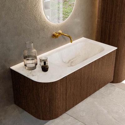 Badmeubel Mondiaz Kurve-Dlux | 105 cm | Meubelkleur Walnut | Wastafelkleur Frappe | Solid surface | Rechts spoelbak | Zonder kraangat(en)