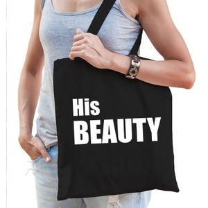 His beauty tas / shopper zwart katoen met witte tekst voor dames   -