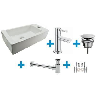 Wiesbaden Fonteinset Rhea S Mini met Fontein Rechts - Glans Wit - Kraan - Sifon - Afvoerplug - Chroom