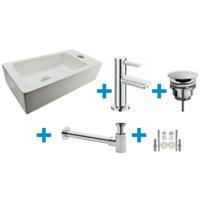 Wiesbaden Fonteinset Rhea S Mini met Fontein Rechts - Glans Wit - Kraan - Sifon - Afvoerplug - Chroom