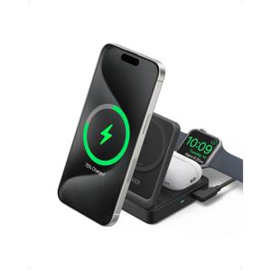 AnkerMagGo Magnetic Wireless Charger 15W Foldable 3-in-1 with Charger Bundle EU Plug Oplader Zwart