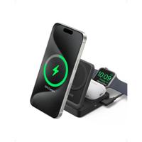 AnkerMagGo Magnetic Wireless Charger 15W Foldable 3-in-1 with Charger Bundle EU Plug Oplader Zwart