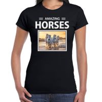 Witte paarden t-shirt met dieren foto amazing horses zwart voor dames - thumbnail