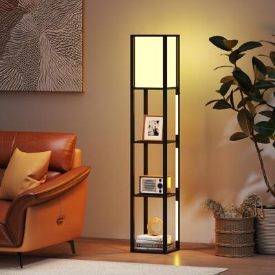Vloerlamp met Planken & Voetschakelaar & 3-Traps Instelbare LED-Strip Houten Boekenlamp