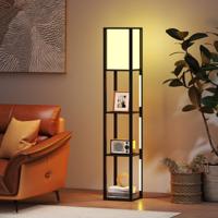 Vloerlamp met Planken & Voetschakelaar & 3-Traps Instelbare LED-Strip Houten Boekenlamp