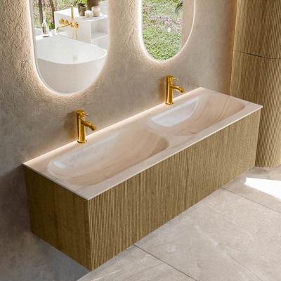 Badmeubel Mondiaz Kurve-Dlux | 140 cm | Meubelkleur Dusk | Wastafelkleur Meli | Solid surface | Wasbak beide zijden spoelbak | 2 kraangaten