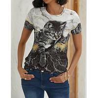 Dames T-shirt Zwart Wit blauw Grafisch Kat Afdrukken Korte mouw Dagelijks Weekend Vintage Ronde hals Normaal 3D Cat Verf S Lightinthebox - thumbnail