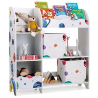 Opbergrek voor Kinderen Houten Plank met 3 Niveaus en 5 Vakken 2 Stoffen Lades en 3 Ruimtes voor Speelgoed en Boeken Wit