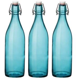 Bormioli rocco waterfles met beugeldop - Set van 3x stuks - turquoise transparant - 1000 ml - Giara