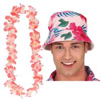 Tropische Hawaii party verkleedset - bucket hoedje - met bloemenslinger roze - volwassenen - thumbnail