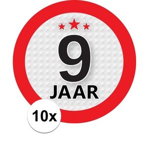 10x 9 Jaar leeftijd stickers rond 9 cm verjaardag versiering   -