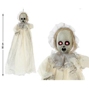 Horror hangdecoratie spook/geest pop wit - met lichtgevende ogen 90 cm