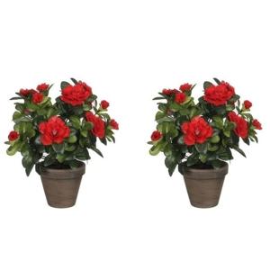 Mica Decorations Kunstplant - 2x - Azalea - groen/rood - 27 cm - Met mooie bloemen