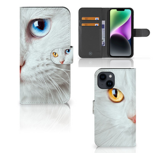 iPhone 15 Telefoonhoesje met Pasjes Witte Kat