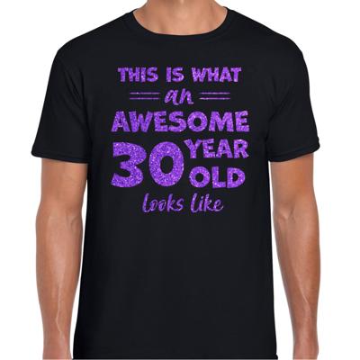 Cadeau T-shirt voor heren - leeftijd 30 jaar - awesome - zwart - glitter paars - Verjaardagsfeest