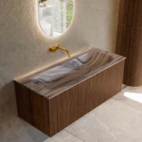Badmeubel Mondiaz Kurve-Dlux | 110 cm | Meubelkleur Walnut | Wastafelkleur Sombra | Solid surface | Wasbak midden spoelbak | Zonder kraangat(en)