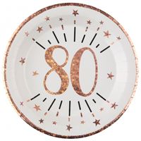 Verjaardag feest bordjes leeftijd - 10x - 80 jaar - rose goud - karton - 22 cm - rond