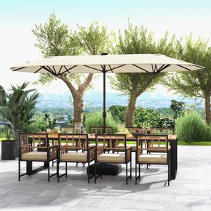 Dubbele Tuinparasol 400 x 200 CM met LED op Zonne-Energie Extra Grote Parasol met Zwengel en Stevige Voet voor Binnenplaats Patio Beige