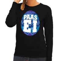 Paas sweater zwart met blauw ei voor dames - thumbnail