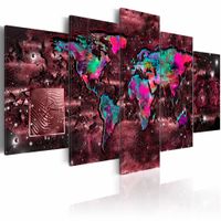 Schilderij - Robijnen Reis - Wereldkaart ,multi kleur , 5 luik