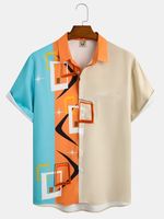 Casual Art Collection Geometric Stripes Color Block Pattern Lapel Short Sleeve Chest Pocket Shirt Print Top - thumbnail