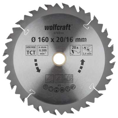 Wolfcraft HM Cirkelzaagblad | 20 td | Ø160 x 20 x 2,4mm | 1 stuk - 6733000