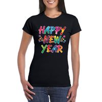 Oud en nieuw t-shirt Happy New Year zwart voor dames - thumbnail