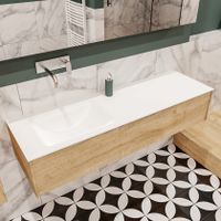 Mondiaz Lush Cloud badmeubel eiken licht 150 cm 1 lade solid surface enkele spoelbak links zonder kraangat