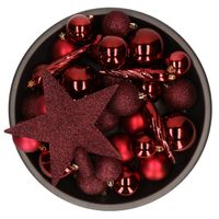 33x stuks kunststof kerstballen met ster piek rood 5-6-8 cm mix