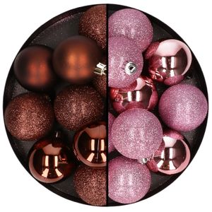 24x stuks kunststof kerstballen mix van donkerbruin en roze 6 cm