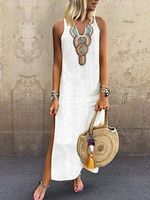 Loosen Vacation Linen Simple  Ethnic V Neck Short sleeve Woven Dress - thumbnail