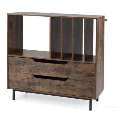 91 x 36 x 87 cm Draaitafelstandaard Platenkast met Open Planken Vier Planken Metalen Poten en Lades Houten Platenrek