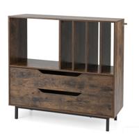 91 x 36 x 87 cm Draaitafelstandaard Platenkast met Open Planken Vier Planken Metalen Poten en Lades Houten Platenrek - thumbnail