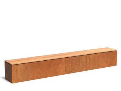Cortenstaal sokkel met zitting 300x40x43cm.