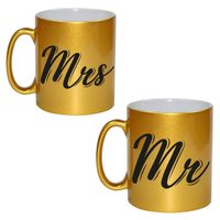 Mrs and Mr bruiloft / bruidspaar cadeau koffiemok / theebeker goud 330 ml - feest mokken - thumbnail