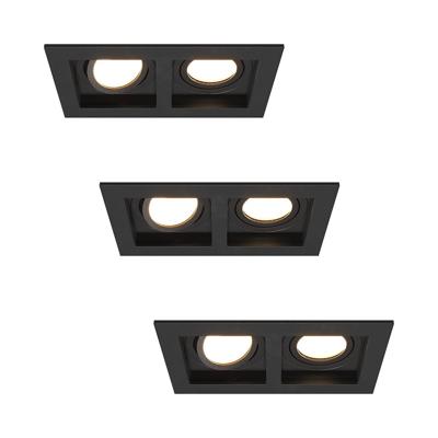Set van 3 Fresno Dubbele Inbouwspot - Rechthoek - 2x GU10 - 4000K neutraal wit - 10 Watt 800 lumen - Kantelbaar - IP20 stofdicht - Zwart