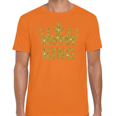 Koningsdag verkleed T-shirt heren - oranje - King - glitter goud - kroon