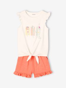 Set met T-shirt met ruches en strikeffect en short koraal