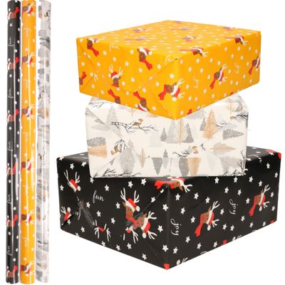 Set van 9x Rollen Kerst inpakpapier/cadeaupapier rendieren /vogels/bomen 2,5 x 0,7 meter