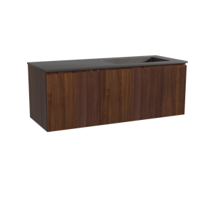 Storke Ribs zwevend badmeubel 130 x 52 cm notenhout met Scuro asymmetrisch rechtse wastafel in kwarts mat zwart, Verticale symmetrische rechte ribbel