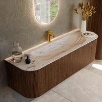 Badmeubel Mondiaz Kurve-Dlux | 150 cm | Meubelkleur Walnut | Wastafelkleur Nata | Solid surface | Wasbak midden spoelbak | 1 kraangat