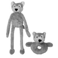 Pluche dieren setje wolf knuffel rammelaar 15 cm en fluffy knuffeldier 33 cm