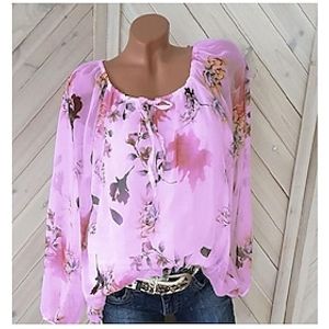 Dames Blouse Bloemig Grafisch Casual Dagelijks Lange mouw Blouse Overhemd Ronde hals Veters Basic Elegant Groen Wit blauw S
