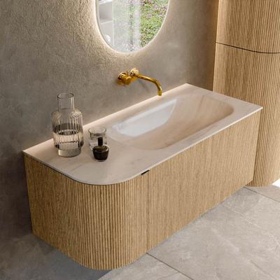 Badmeubel Mondiaz Kurve-Dlux | 105 cm | Meubelkleur Oak | Wastafelkleur Meli | Solid surface | Wasbak rechter zijde spoelbak | Zonder kraangat(en)