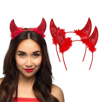 Duivel hoorntjes - 2x - rood - kunststof - Halloween thema - dames - diadeem - tiara - pailletten