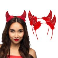 Duivel hoorntjes - 2x - rood - kunststof - Halloween thema - dames - diadeem - tiara - pailletten