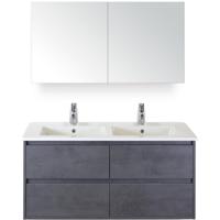 Porto Badmeubelset 120 cm - 4 Laden Beton Antraciet - Keramische Wastafel Wit Slim met Spiegelkast